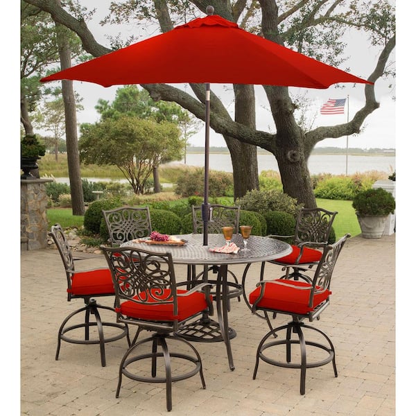 Hanover Traditions 7 Piece Aluminum Outdoor Bar Height Dining Set With Red Cushions With 9 Ft Table Umbrella And Stand Traddn7pcbr Su R The Home Depot