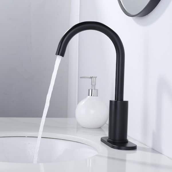 DC Powered Commercial Sensor Touchless Single Hole High-Arc Bathroom Faucet with Deck Plate in Matte Black