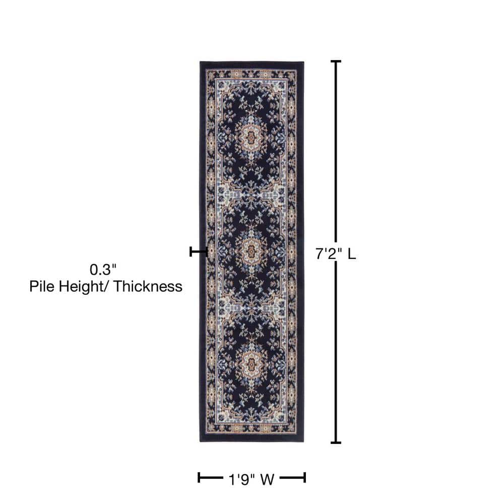 Navy Blue and Brown Synthetic Traditional Runner Rug