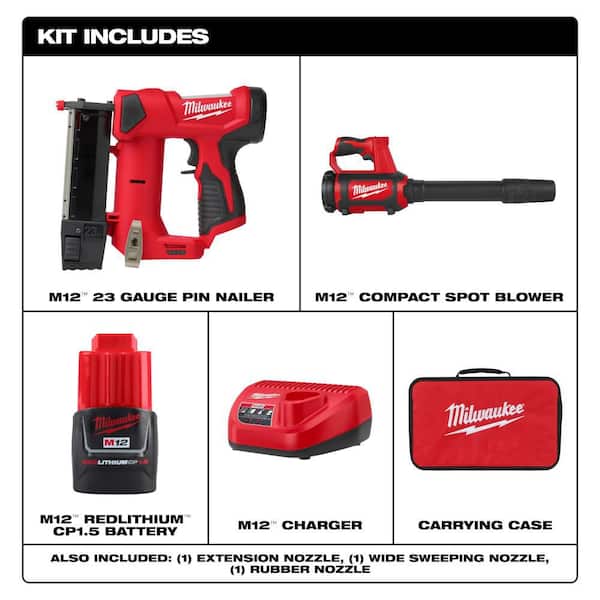 M12 12-Volt 23-Gauge Lithium-Ion Cordless Pin Nailer Kit with 1.5 Ah Battery, Charger, Tool Bag, and Spot Blower