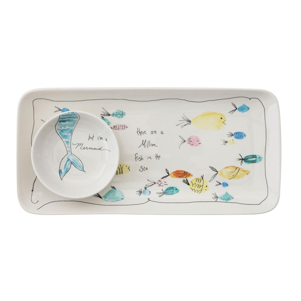 Whimsical Fish and Mermaid Ceramic Chip and Dip Set