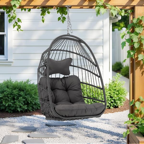 3.54 ft. Gray Foldable PE Wicker Hanging Swing Egg Chair without Stand Outdoor Hammock Chair with Cushion in Dark Gray
