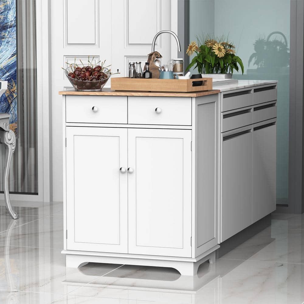 Modern White Kitchen Storage Cabinet with Adjustable Shelf and Solid Wood Top