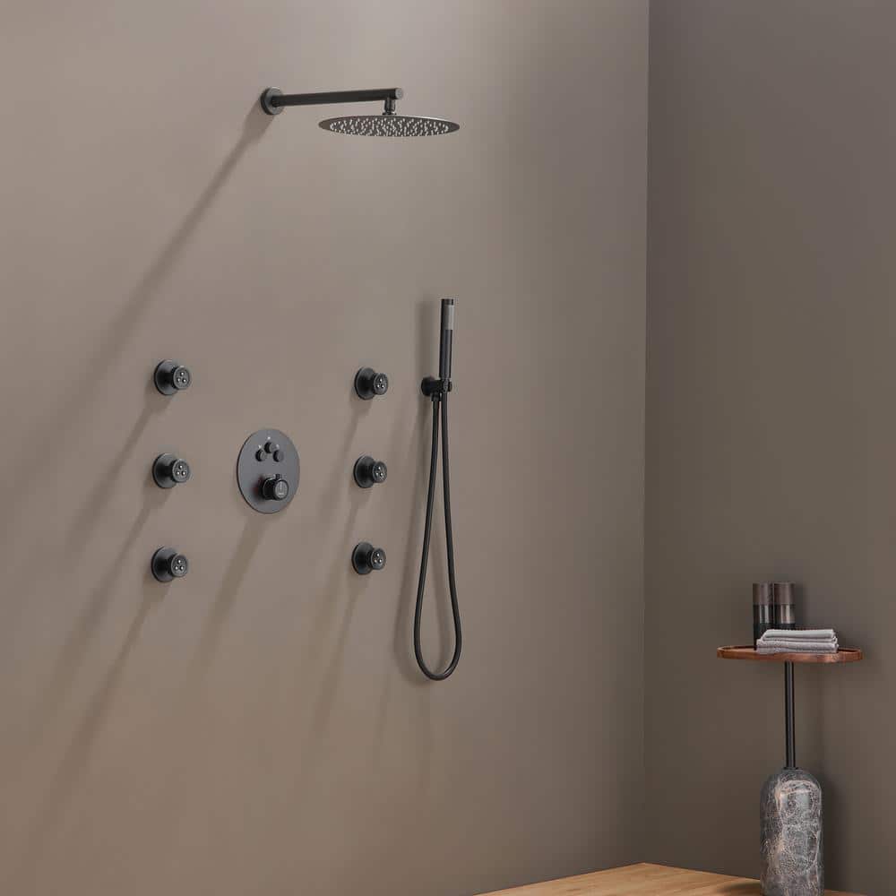 Matte Black Stainless Steel Thermostatic Rain Shower System with Handheld