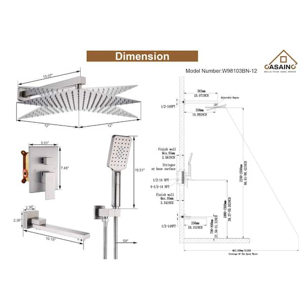 CASAINC 1-Handle 3-Spray Pattern 12 in. Wall Mount Shower