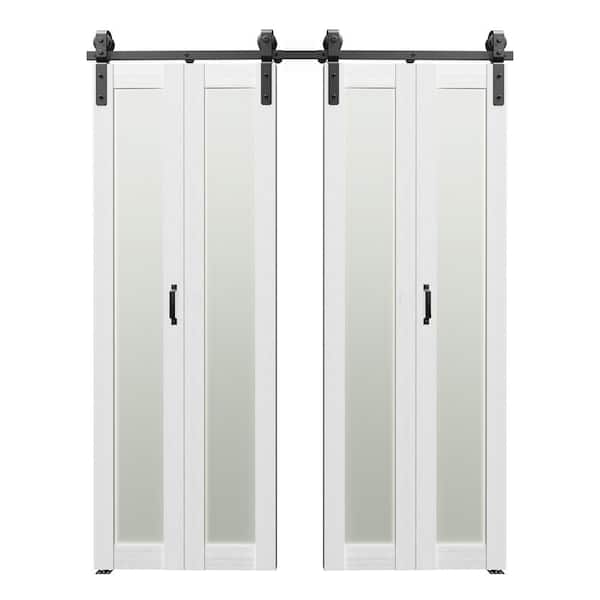 60 in. x 84 in. x 30 in. 2 Bi Fold 1-Lite Frosted Glass MDF White Solid Core Double Sliding Barn Door with Hardware Kits