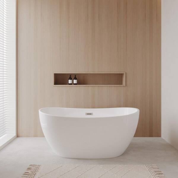 Rebecca 55 in. x 30 in. Soaking Bathtub with Center Drain in White with Polished Chrome Trim