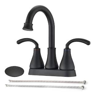 4 in. Centerset Double Handle High Arc Bathroom Faucet with Pop-up Drain Kit Included Sink Basin Faucets in Matte Black