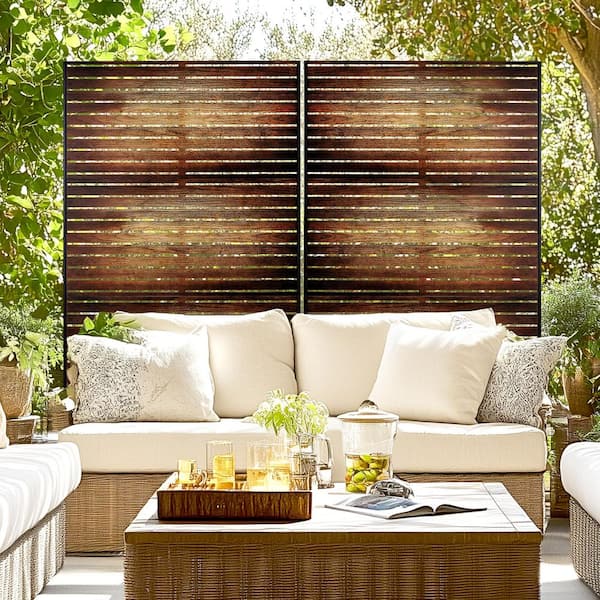 Brown 47 in. W x 71 in. H Rectangular Metal Decorative Wood Grain Finish Rust-Resistant Privacy Screen Panel