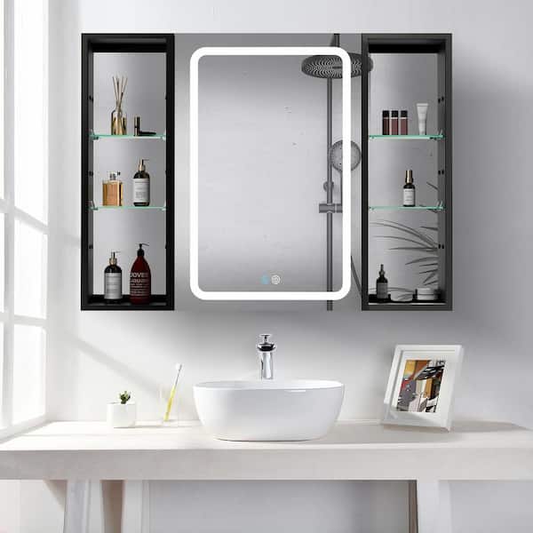 Modland Bail 40 in. W x 30 in. H Medium Rectangular Silver Aluminum Glass Surface Mount Medicine Cabinet with Mirror Right Swing