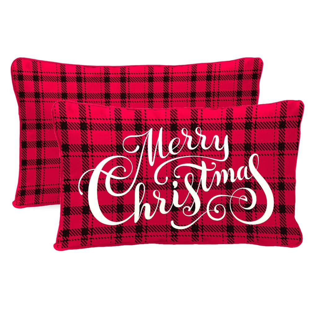 12 in. L x 16 in. W x 5 in. T Rectangular Reversible Outdoor Lumbar Pillow in Merry Christmas and Red Plaid price history on PriceWatchPro