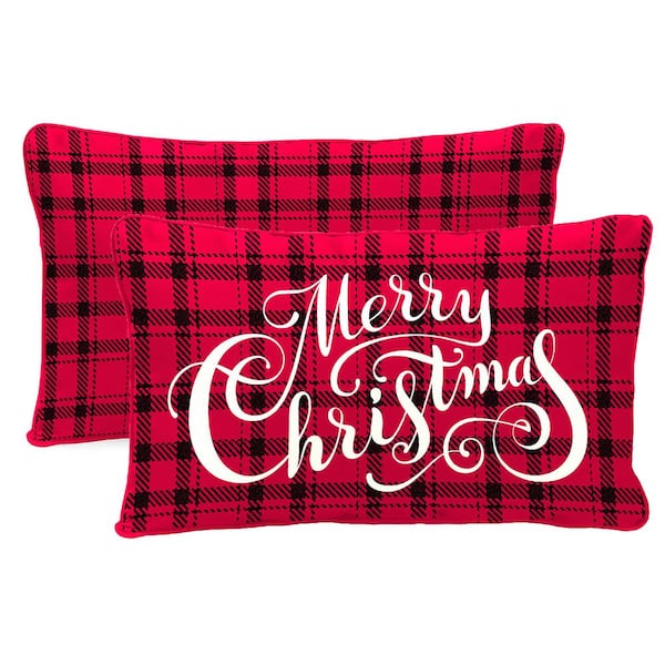12 in. L x 16 in. W x 5 in. T Rectangular Reversible Outdoor Lumbar Pillow in Merry Christmas and Red Plaid