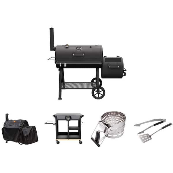 Highland Smoker Grill 900 sq. in., Cover, Rolling Grill Cart 600 sq. in., Charcoal Starter and Grilling Set, 2-Piece
