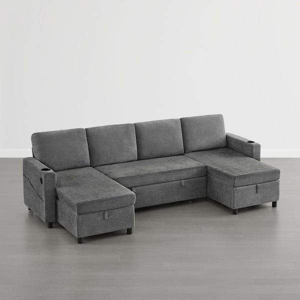 Yale 108.7 in. Grey Polyester Fabric Full Size Sofa Bed w/ 2-Chaise Cup Holders USB & Type-C Charing Ports side pockets
