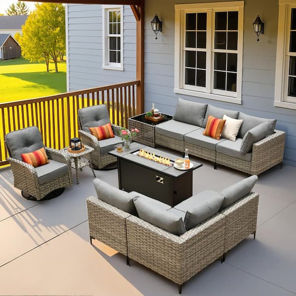 Howell 11-Piece Wicker Outdoor Furniture Patio Fire Pit Conversation Sofa Set with Swivel Chairs and Dark Grey Cushions