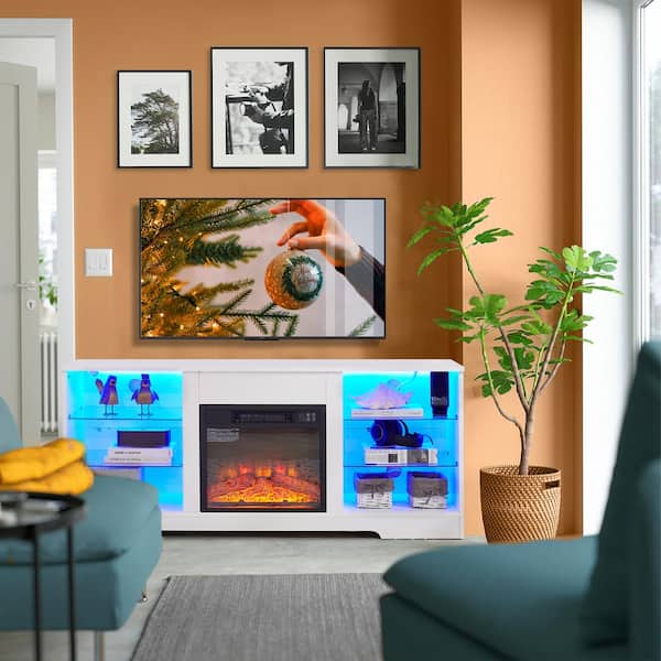 58 in. Freestanding Electric Fireplace TV Stand with LED Lights in White Modern