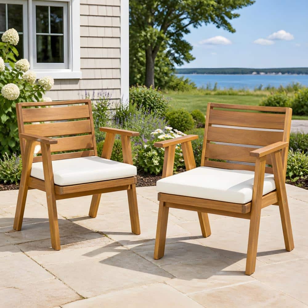 Brown Acacia Wood Patio Dining Chair with Beige Cushions Set of 2 price history on PriceWatchPro