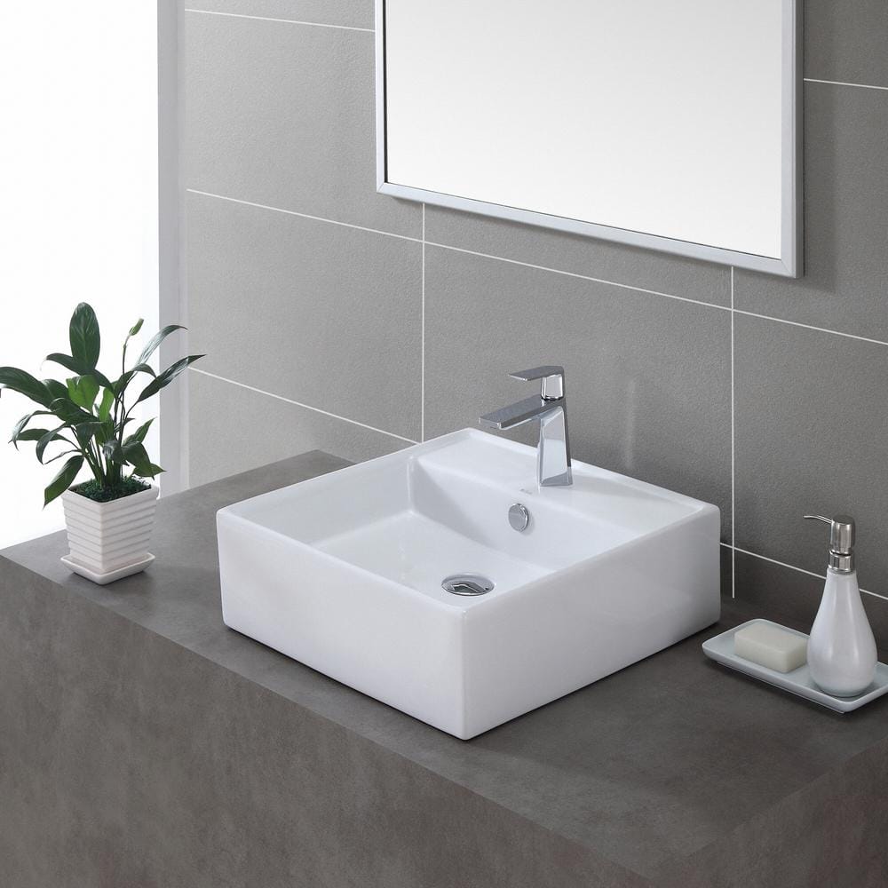 Modern Square White Ceramic Vessel Bathroom Sink, 18.5"