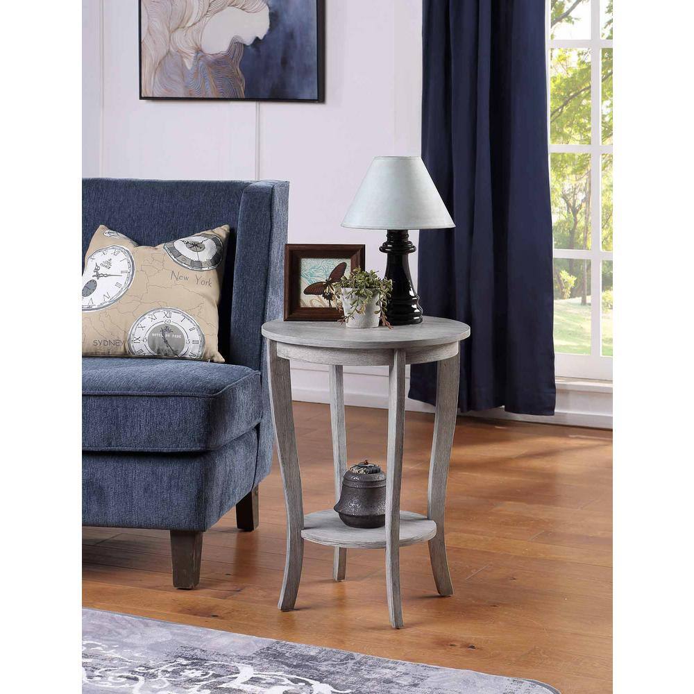 Light Gray Round Wood End Table with Shelf