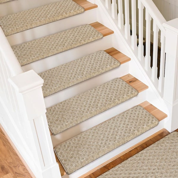 Bullnose Cream Gray Mini Diamond Trellis 9.5 in. x 30 in. x 1.2 in. Polypropylene Carpet Stair Tread Cover Mat Set of 12