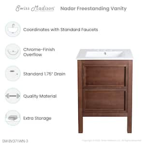 Nadar 24 in. W Bathroom Vanity in Brown Walnut with White, 3-Hole Ceramic Sink Top