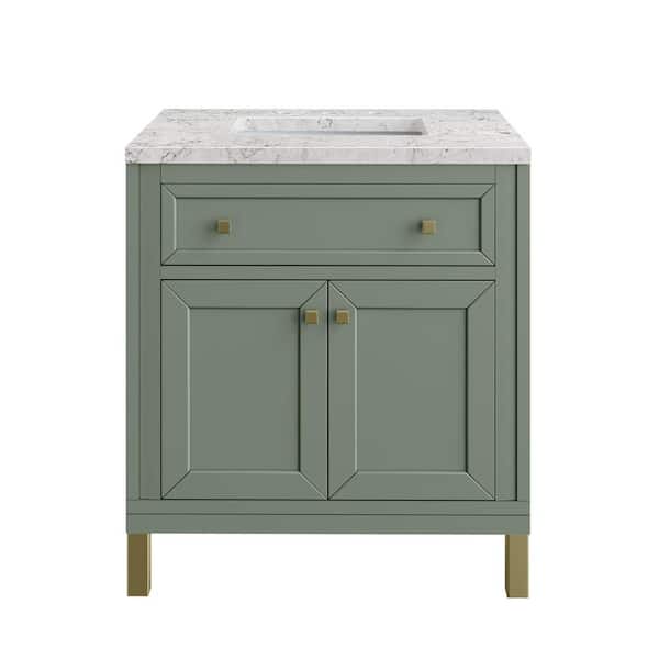 James Martin Vanities Chicago 30.0 in. W x 23.5 in. D x 34 in. H Bathroom Vanity in Smokey Celadon with Eternal Jasmine Pearl Quartz Top