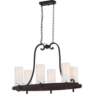 Regina 6-Light Antique Bronze Indoor Hanging Linear Island Chandelier, Outer Clear and Inner White Glass Cylinder Shades