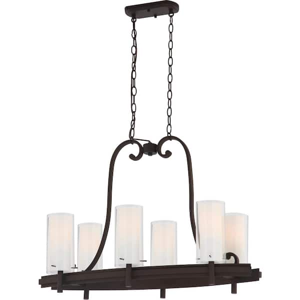 Volume Lighting Regina 6-Light Antique Bronze Indoor Hanging Linear Island Chandelier, Outer Clear and Inner White Glass Cylinder Shades