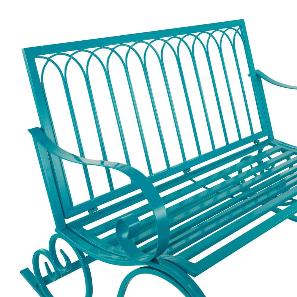 Teal Metal Rocking Outdoor Bench with Scrolled Armrests