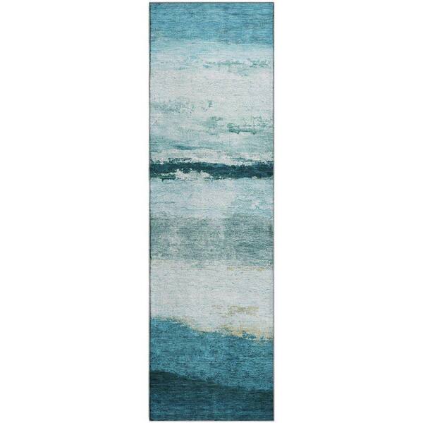 Mayfield Premium Machine Washable Abstract AMF2169 Teal 2 ft. x 7 ft. Runner Rug