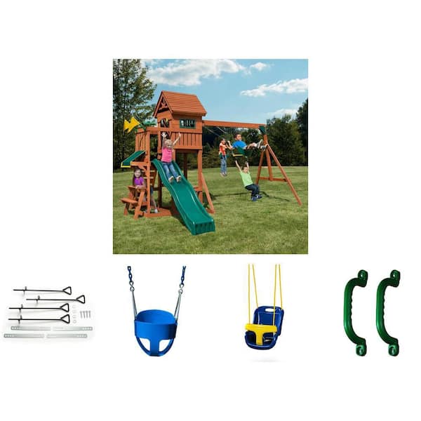 Blue Infant & Full-Bucket Swings, Green Safety Handles (2-Set), Ground Anchors Kit and Sedona Summit Playground Set