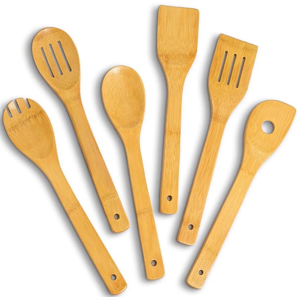 Bamboo Wood Finish Natural Bamboo Heat Resistant Non-Stick Cooking Utensils Kitchen Spoon Accessory Set 6 pcs