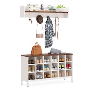 Carmalita White and Brown Hall Tree with Shoe Cubby and Coat Rack, Shoe Rack Bench with Wall Mounted Shelf and Hooks