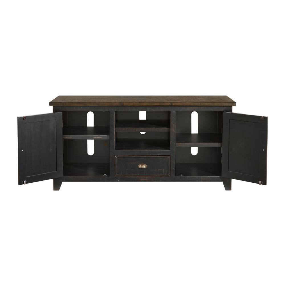 Coastal Farmhouse Black and Brown Pine TV Stand with Cabinets