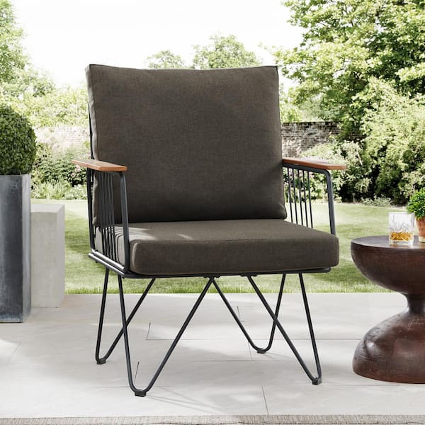 Walker Edison Furniture Company Black Metal Hairpin Leg Mid Century Modern Outdoor Lounge Chair with Clove Brown Removable Cushions (2-Pack)
