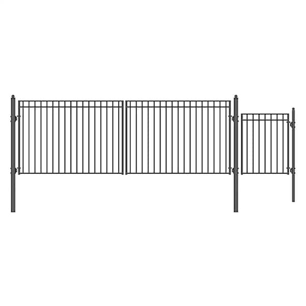ALEKO 23 ft. x 6 ft. Black Steel Dual Swing Driveway Gate Milan Style 18 ft. with Pedestrian Gate 5 ft. Fence Gate
