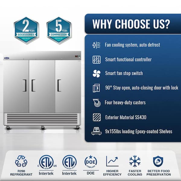 81 in. 72 cu. ft. Commercial Reach-In Auto / Cycle Defrost Upright Freezer in Stainless Steel with Triple Solid Doors