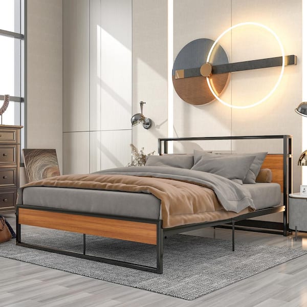 URTR 62 in. W Black Queen Size Metal Platform Bed Frame with Sockets and USB ports, Bed Frame with Headboard and Footboard