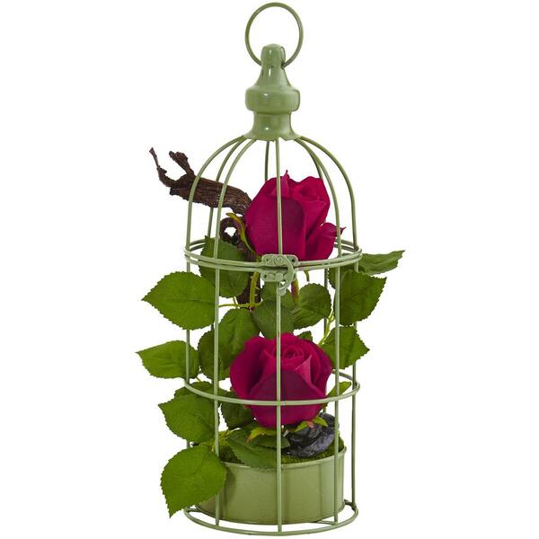 Nearly Natural Indoor Red Roses Silk Artificial Arrangement in Decorative Bird Cage