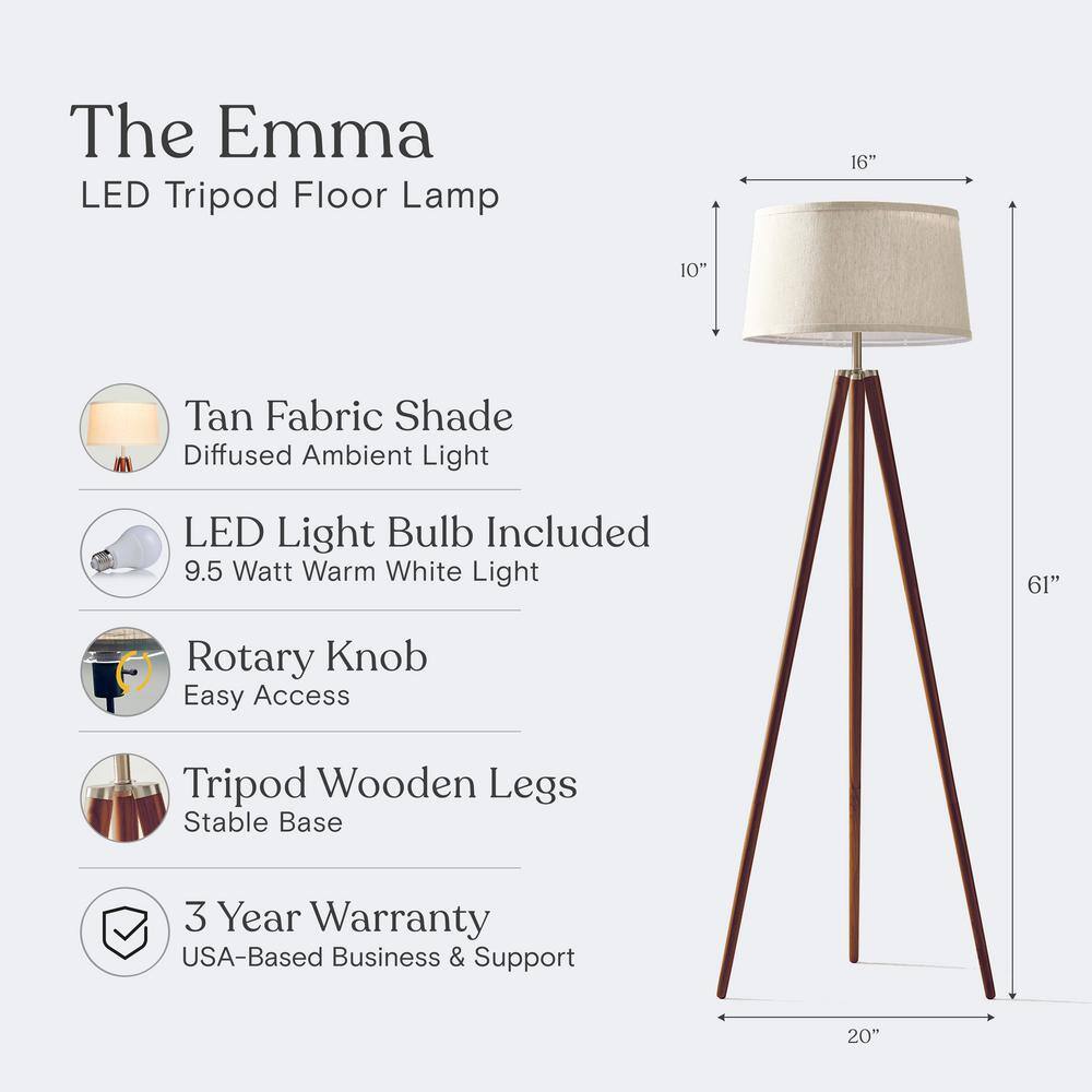 Walnut Brown Tripod Floor Lamp with White Fabric Shade
