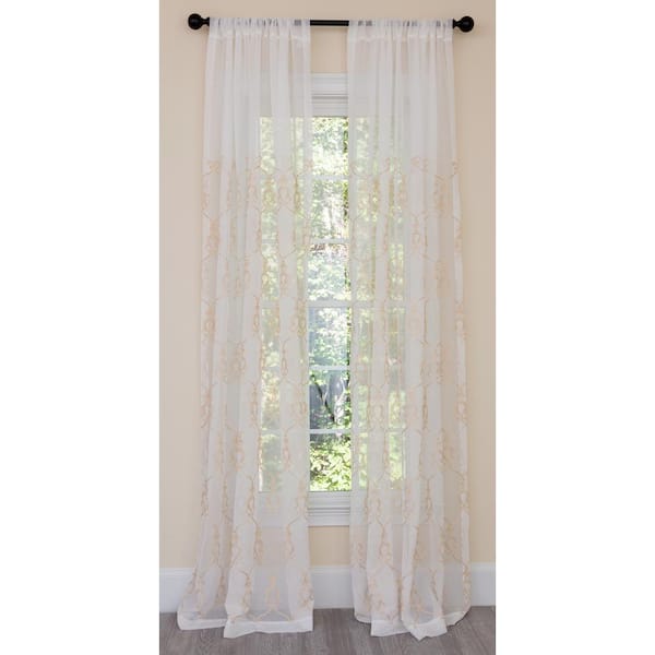 Manor Luxe Gold/White Damask Embroidered Rod Pocket Sheer Curtain - 54 in. W x 120 in. L (1-Piece)