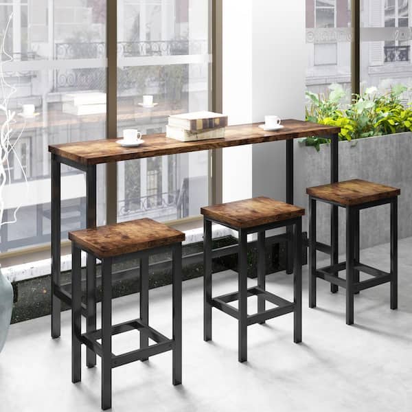Unbranded 4-Piece Metal Outdoor Dining Set - Counter Height 3 Stools and Extra Long Table for Kitchen, Brown