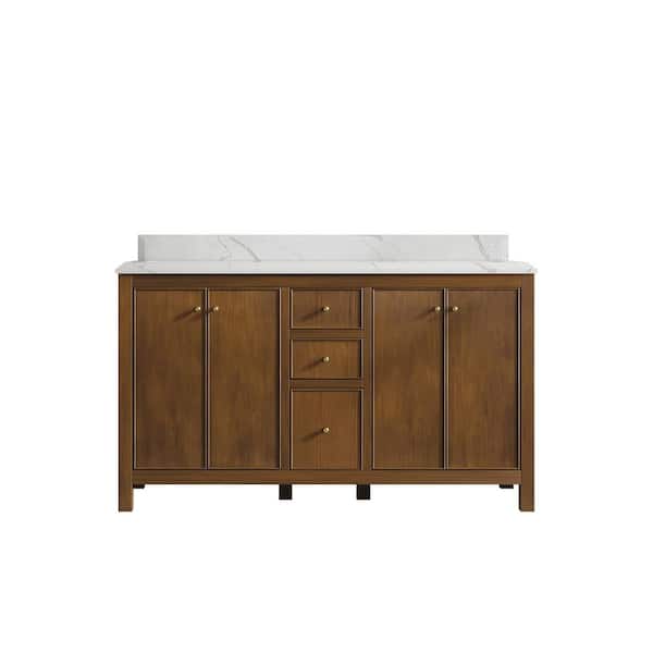 Willow Collections Chicago Teak 60 in. W x 22 in. D x 36 in. H Double Sink Bath Vanity in Dark Natural with 1.5" Calacatta Laza Qt. Top