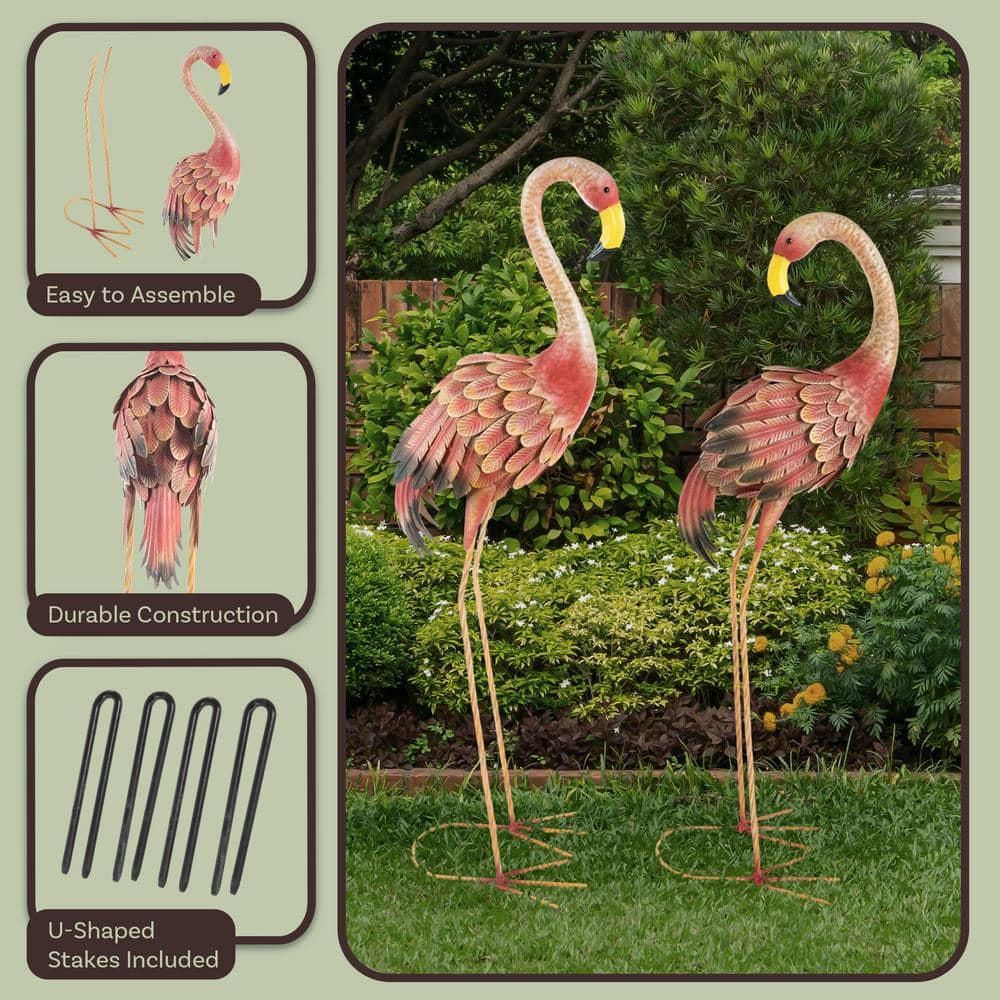 31 in. Hand-Painted Pink Metal Flamingo Garden Statues