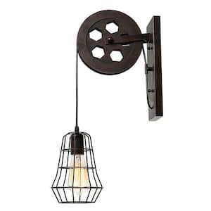 1-Light Rusty Vintage Metal Cage Industrial Wheel Pulley Hard Wired Swing Arm Wall Lamp