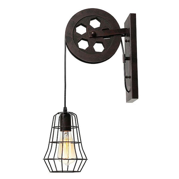 OUKANING 1-Light Rusty Vintage Metal Cage Industrial Wheel Pulley Hard Wired Swing Arm Wall Lamp