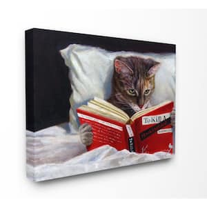 30 in. x 40 in."Cat Reading a Book in Bed Funny Painting" by Artist Lucia Heffernan Canvas Wall Art