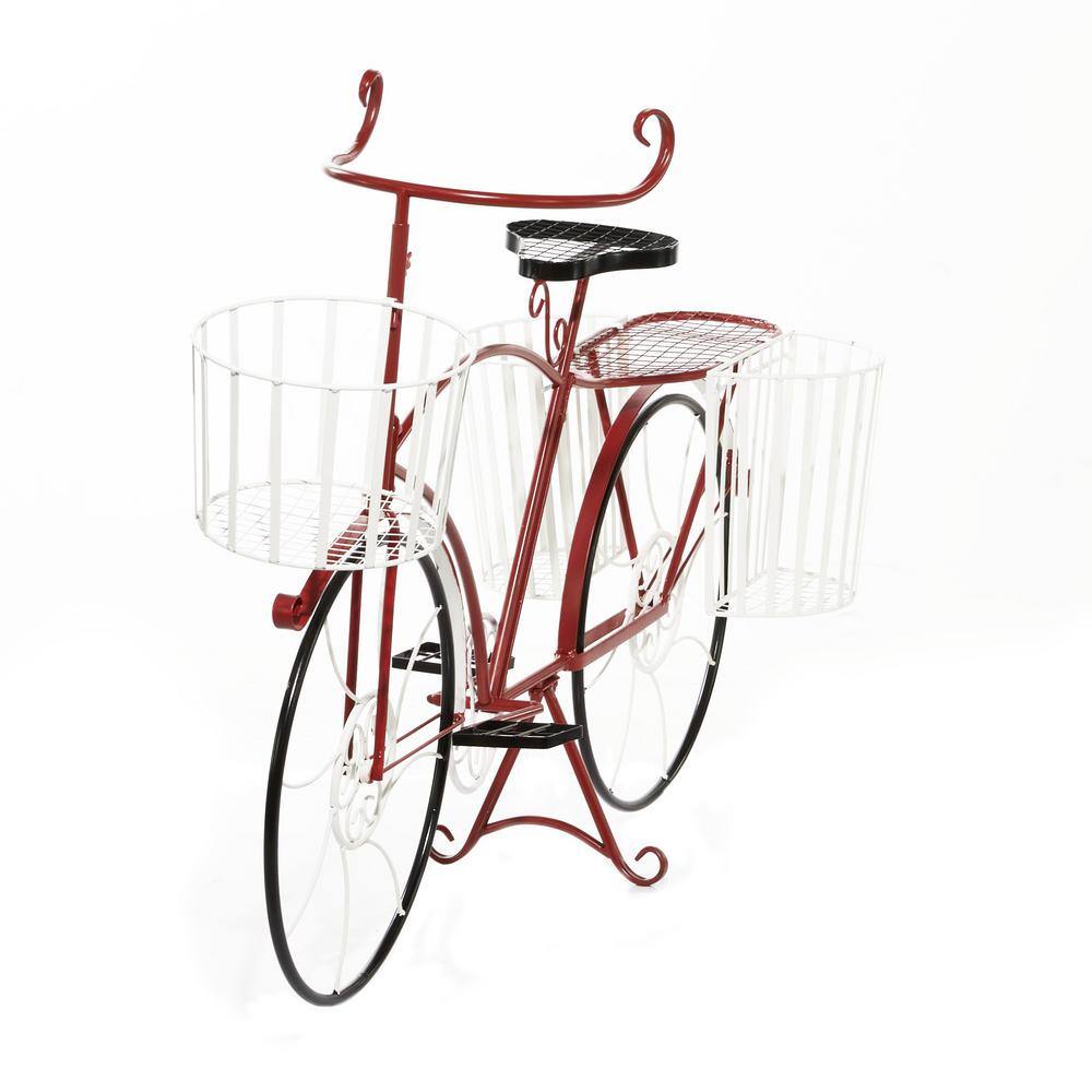 Red Metal Bicycle Plant Stand with White Baskets