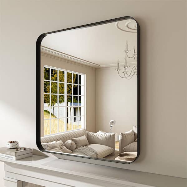 ORGANNICE 32 in. H x 36 in. W Rectangular Aluminum Framed Modern Black Rounded Wall Mirror