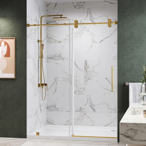 Kobiworks Radiance 72 in. W x 76 in. H Single Sliding Frameless Shower Door in Brushed Gold with 3/8 in. Clear Glass